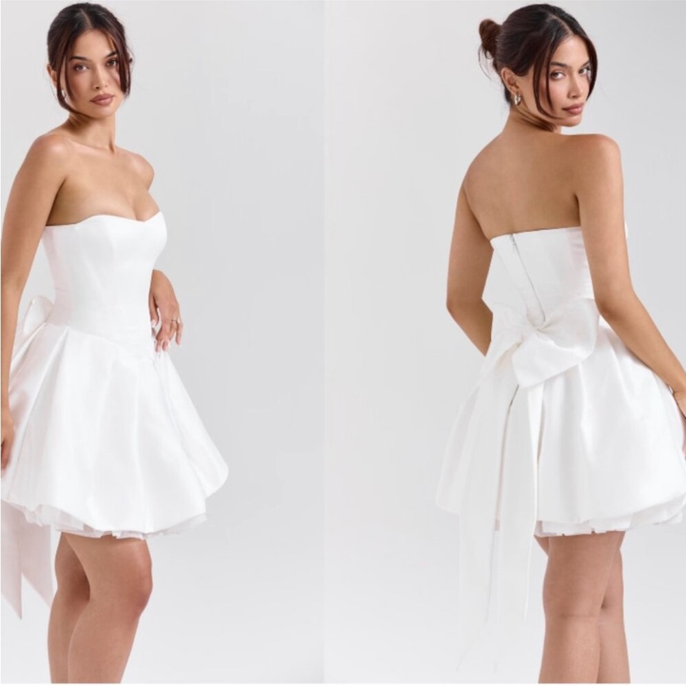HOUSE OF CB 'Noele' White Satin Strapless Bow Mini Gown NWOT Size XS - Picture 9 of 13